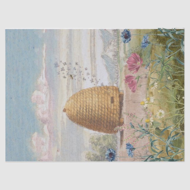 Vintage Beehive Wildflower Meadow Bees Decoupage Tissue Paper (Front)