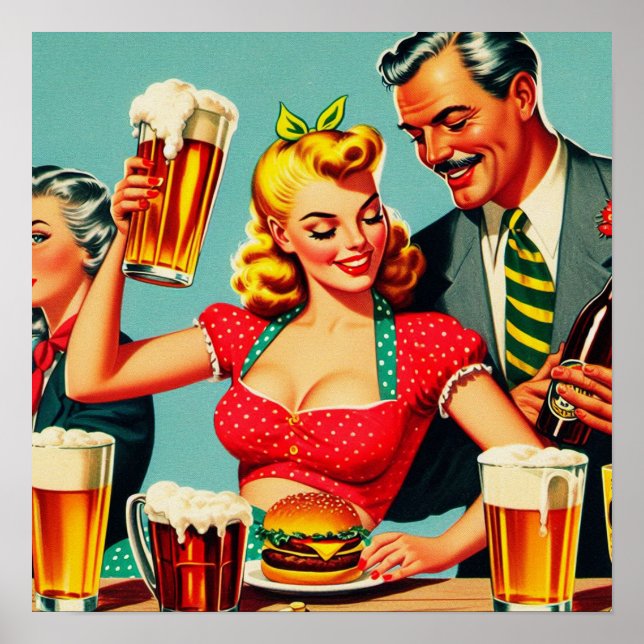 Vintage Beer and Burger Illustration Poster (Front)
