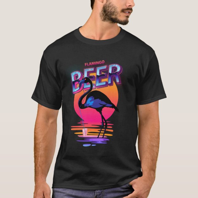 Vintage Beer Drinking Summer Pink Flamingo T-Shirt (Front)