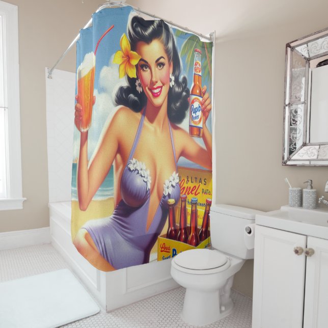 Vintage Beer Summer Pin Up Shower Curtain (In Situ)