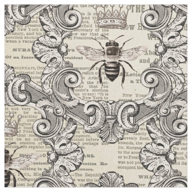 Vintage Bees and Newspaper Print Fabric (Close Up)