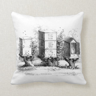vintage bees hives cushion pillow black, white