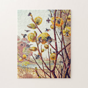 Vintage Bees Insects Spring Willow Blossom Jigsaw Puzzle