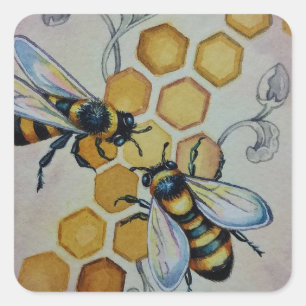 Vintage Bees No. 5 Honeycomb Watercolor Art Square Sticker