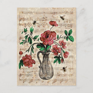 Vintage Bees, Roses and Music Notes Postcard