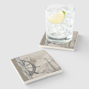 Vintage Beige and Brown Nautical Graphic Stone Coaster
