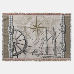 Vintage Beige and Brown Nautical Graphic Throw Blanket