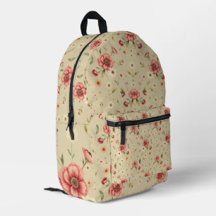 Vintage Beige Backpack with Red Floral Pattern