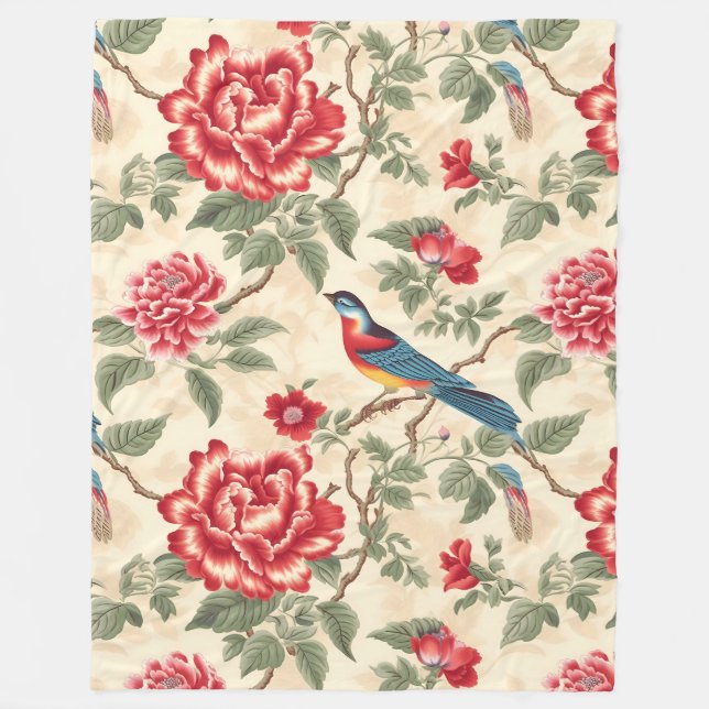 Vintage beige bird chinoiserie  fleece blanket (Front)