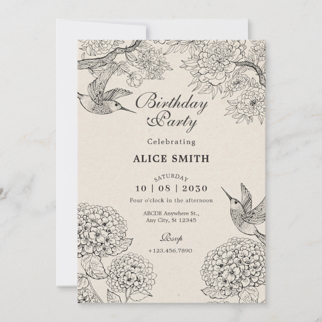 Vintage beige Bird Hydrangea Flowers birthday Invitation (Front)