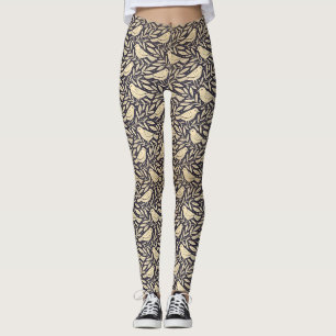 Vintage Beige Bird Pattern on Dark Background Leggings