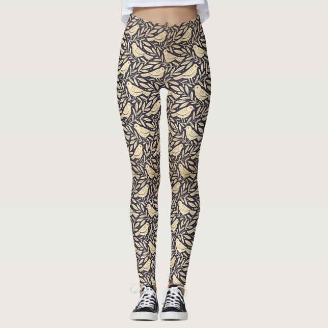 Vintage Beige Bird Pattern on Dark Background Leggings (Front)