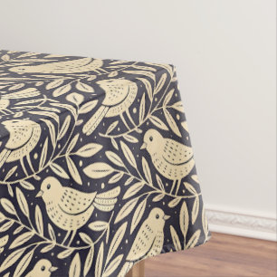 Vintage Beige Bird Pattern on Dark Background Tablecloth