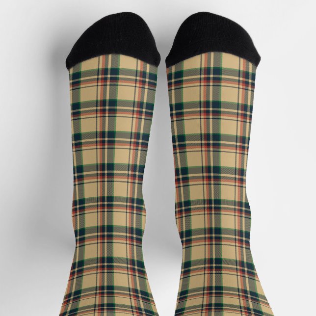 Vintage beige black red green plaid pattern socks (Top)