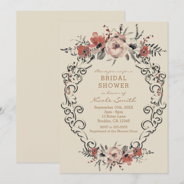 Vintage Beige Botanical Floral Bridal Shower Invitation (Front/Back)