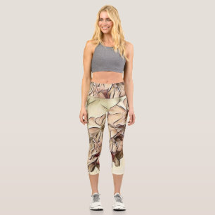 Vintage beige brown cherry blossoms  capri leggings