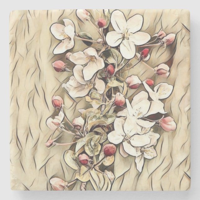 Vintage beige brown cherry blossoms drawing   stone coaster (Front)