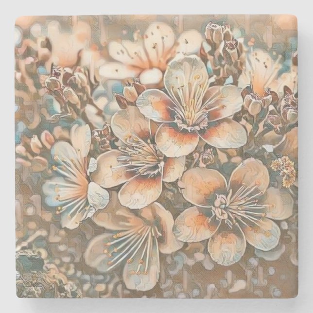 Vintage beige brown cherry blossoms drawing   stone coaster (Front)