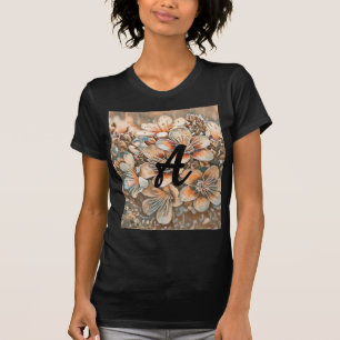 Vintage beige brown cherry blossoms Monogram T-Shirt