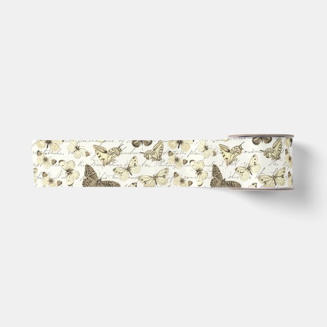 Vintage Beige Butterfly Pattern with Script Satin Ribbon (Front)