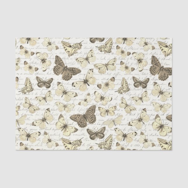 Vintage Beige Butterfly Pattern with Script Tissue Paper (Front)