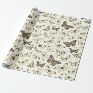 Vintage Beige Butterfly Pattern with Script Wrapping Paper