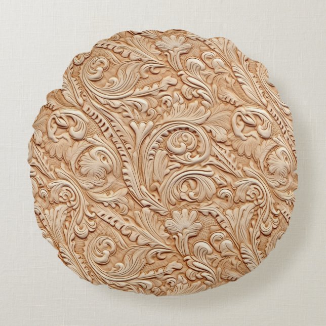 Vintage beige carved faux leather  round cushion (Front)