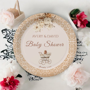 Vintage Beige Classic Gender Neutral Baby Shower Paper Plate
