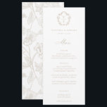 Vintage Beige Crest Monogram Floral Wedding Menu Invitation<br><div class="desc">Vintage Regency Era Crest monogram,  wedding menu. Vintage inspired Baroque style crest with coordinating beige typography. Features,  elegant Chinoiserie Style garden floral pattern backing.</div>