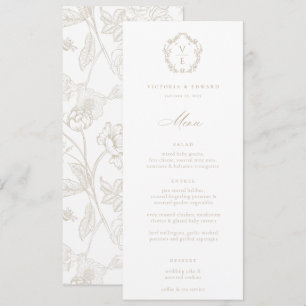 Vintage Beige Crest Monogram Floral Wedding Menu Invitation