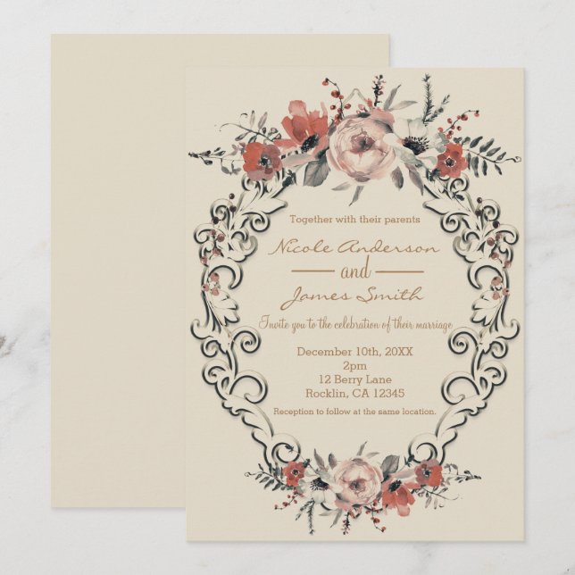 Vintage Beige Elegant Botanical Floral Wedding Invitation (Front/Back)