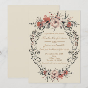Vintage Beige Elegant Botanical Floral Wedding Invitation