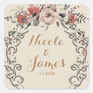 Vintage Beige Elegant Botanical Floral Wedding Square Sticker