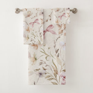 Vintage Beige Floral and Gingham Ribbon Bow Bath Towel Set