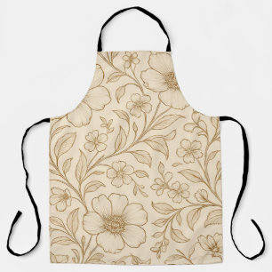 Vintage Beige Floral Line Art Pattern Apron