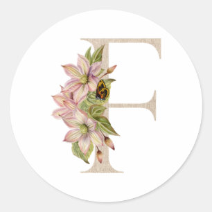 Vintage Beige Floral Monogram Initial Letter F Classic Round Sticker