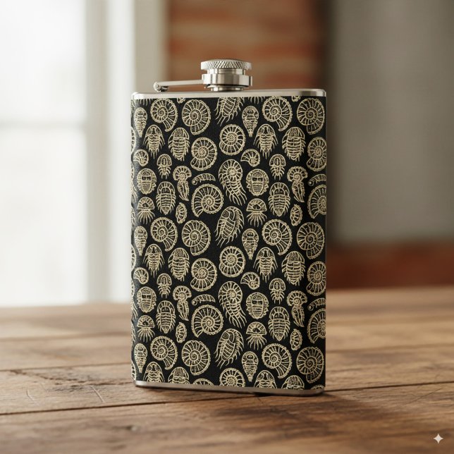 Vintage beige fossil trilobite ammonite pattern hip flask (Creator Uploaded)