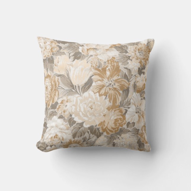 Vintage Beige Gold Grey Elegant Floral Cushion (Front)