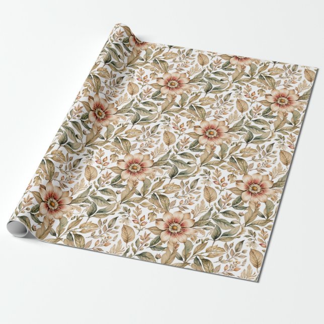 Vintage Beige & Green Botanical Wrapping Paper (Unrolled)