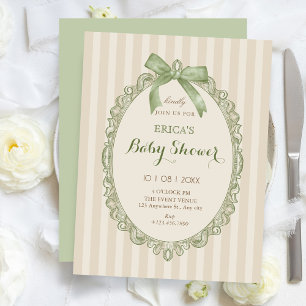 Vintage beige green elegant sweet bow baby shower invitation