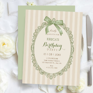 Vintage beige green elegant sweet bow birthday invitation