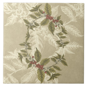 Vintage Beige Green Gold Floral Tile