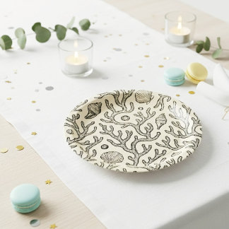 vintage beige hand drawn coral reef pattern paper plate