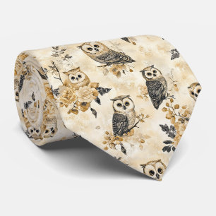 Vintage Beige Owl Botanical Woodland Pattern Tie