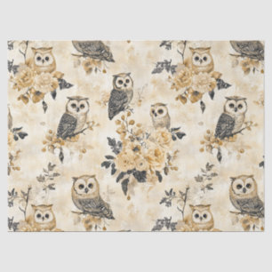Vintage Beige Owl Botanical Woodland Pattern Tissue Paper