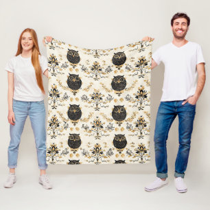 Vintage Beige Owl Nature Pattern Fleece Blanket