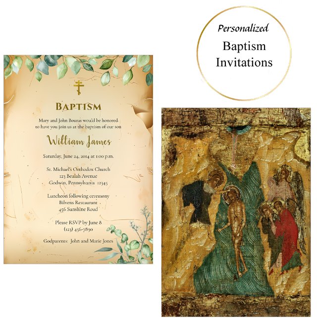 Vintage Beige Parchment Foliage Orthodox Baptism   Invitation (Creator Uploaded)