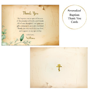 Vintage Beige Parchment Foliage Orthodox Baptism   Thank You Card