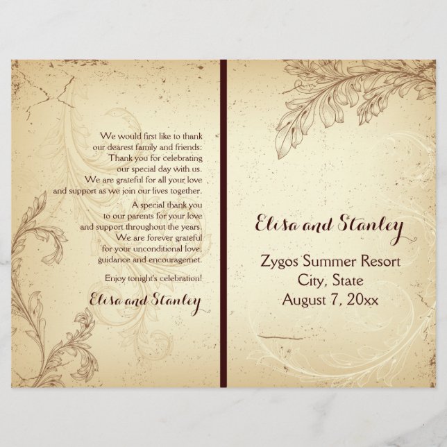 Vintage beige scroll leaf folded wedding program (Front)