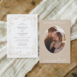 Vintage Beige Tan French Floral Wedding Photo Invitation